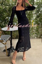 Luxe Lifestyle Lace Square Neck Bell Sleeve Lined Slit Midi Dress