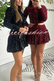 Solid Velvet Sequined Long Sleeve Tie Top and Seersucker Mini Skirt Set