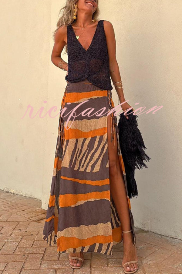 Bendita Colorblock Print Elastic Waist Side Lace-up Slit Maxi Skirt