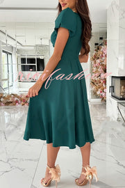 Zayla Solid Color Puff Sleeve V-neck Waist Slim Fit Midi Dress