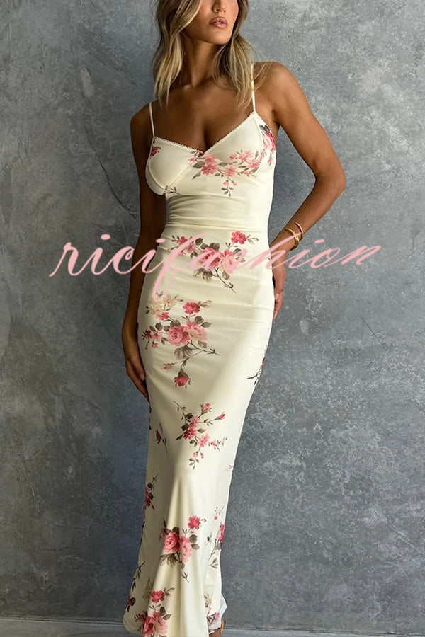 Reveling in The Unknown Floral Print Slip Stretch Maxi Dress