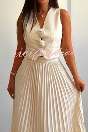 Stylish Rosette Sleeveless Tank Top and Pleated Maxi Skirt Set