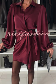 Solid Satin Long Sleeve Tie Waist Irregular Mini Dress