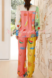 Unique Printed Long Sleeved Loose Shirt and Elastic Waist Pocket Pants Set