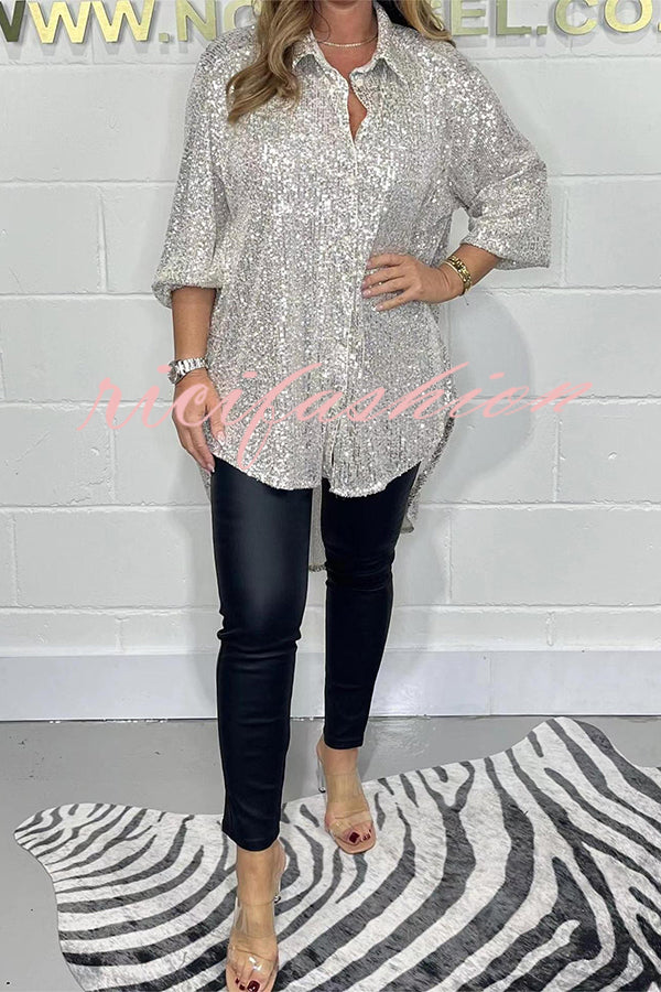 Party Season Solid Color Sequin Button Long Sleeve High Low Shirt