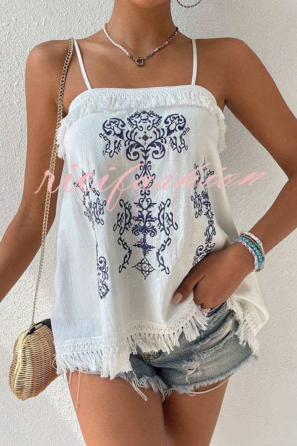 Ethnic Embroidered Adjustable Straps Fringed Top