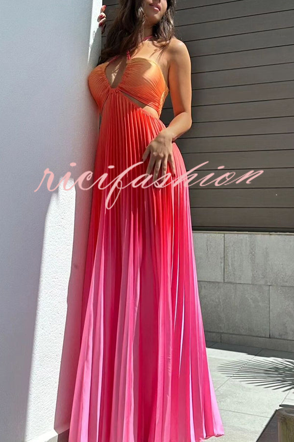 Get Ready Beautiful Gradient Print Cutout Halterneck Pleated Maxi Dress