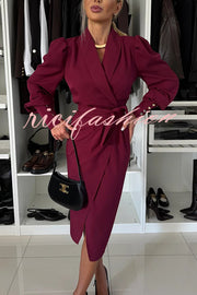 Vintage Elegance Metal Buckle Balloon Sleeve Lapel Wrap Formal Midi Dress