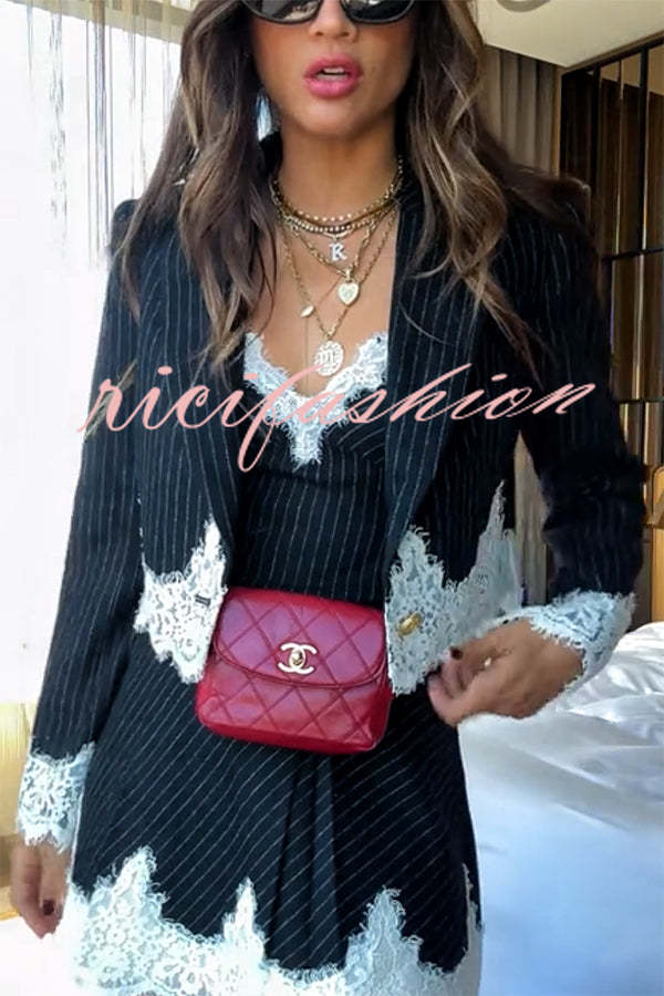 Emily in Paris Striped Lace Trim Lapel Crop Loose Blazer