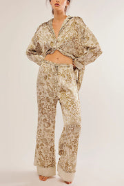 Unique Printed Lounge Long-sleeved Shirt and Elastic Waisted Baggy Pants Set