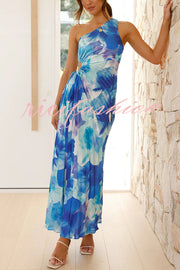 Laken Floral Print One Shoulder Adjustable Tie Cutout Pleated Maxi Dress