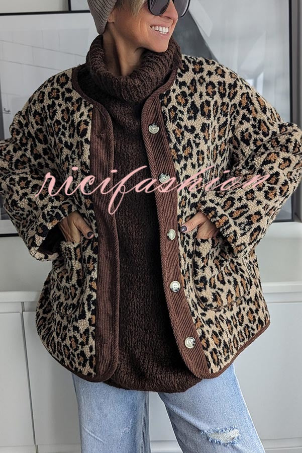 Warm Feel Colorblock Leopard Print Plush Button Up Pocketed Teddy Jacket