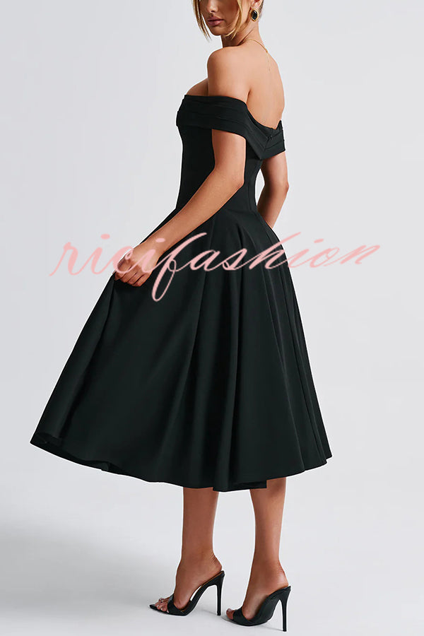 Princess Temperament Batdot Neck Pleat Detail Midi Dress