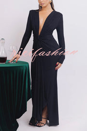 Solid Color Shiny Sexy V-neck Long Sleeve Ribbon Slit Slim Fit Maxi Dress