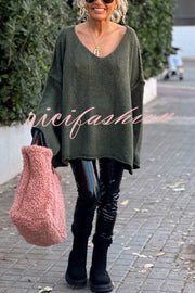 Fashionable Patchwork V-neck Long-sleeved Knitted Sweater